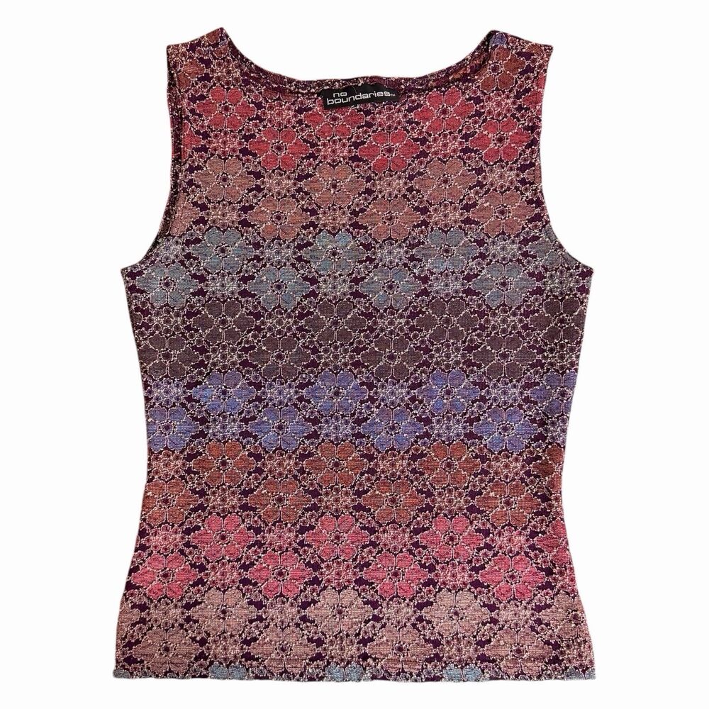 VTG No Boundaries Y2K Floral Knit Boat Neck Tank Top 90s Whimsigoth Grunge Small - Picture 8 of 15